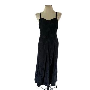 Vtg Y2K 2000s Black Floral Print Silk Maxi Dress Sz 12 Fairy Grunge Whimsigoth
